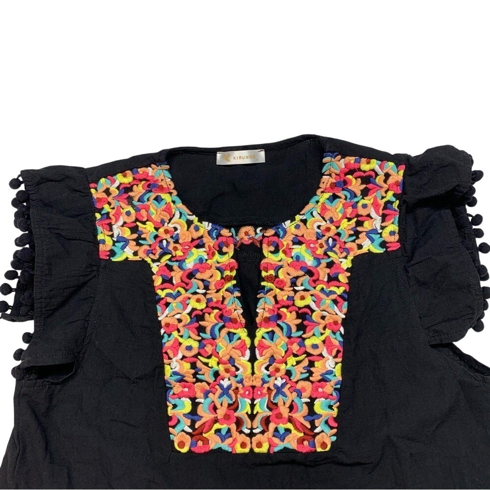 Kirundo Embroidered Boho Dress Womens Small Black Pom Pom Flutter Sleeve‎ Ruffle - Picture 7 of 9
